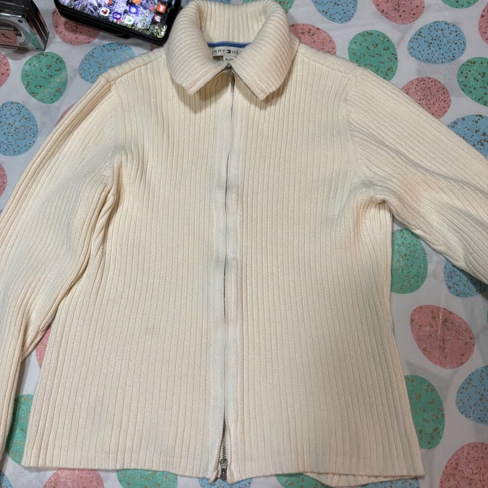 TOMMY HILFIGER SZ XL Yellow Zip 100% Cotton Ribbed Cardigan Sweater W Scandi Min